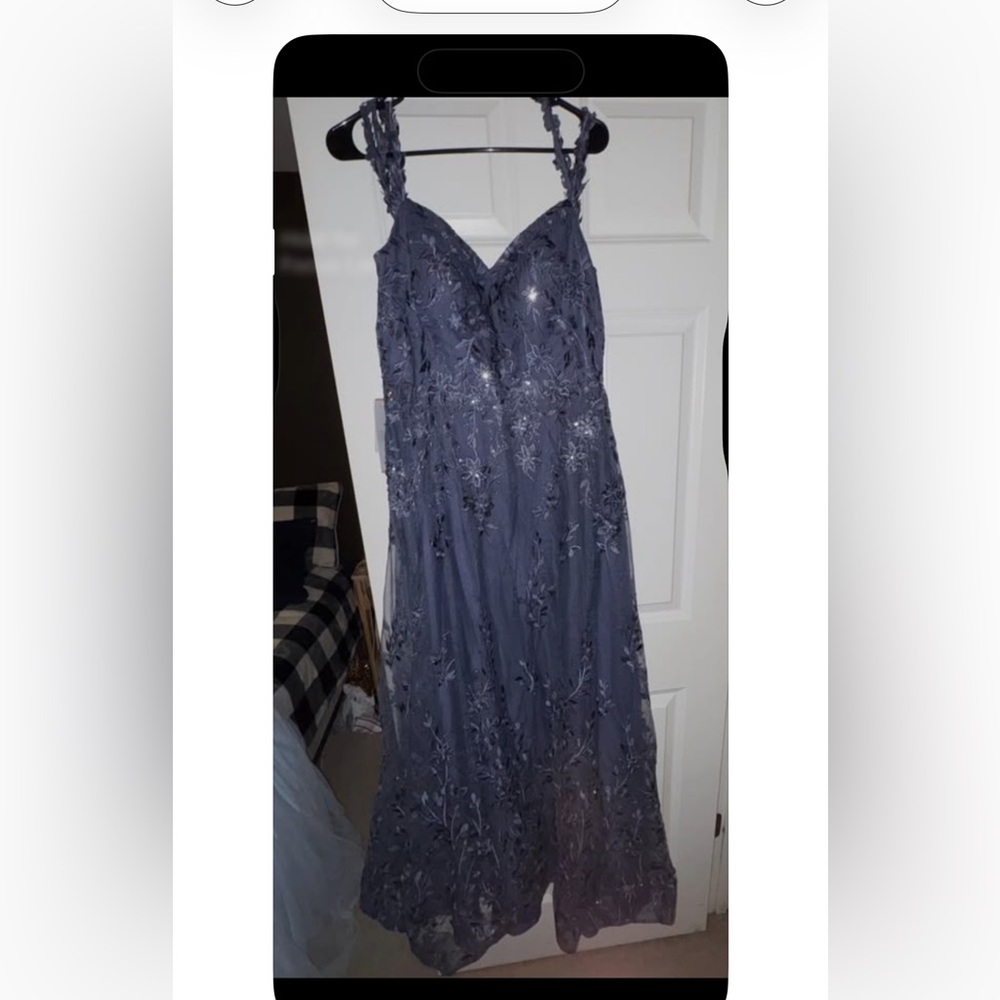 JJ's House Navy Floral Embroidered Evening Gown